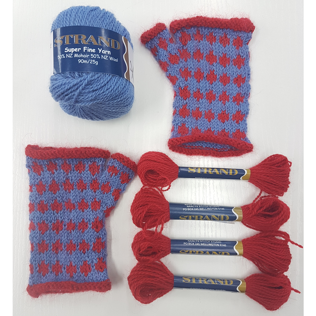 Join the Dots Handwarmers Blue and Red Childrens Sizes Kits in Strand Yarn